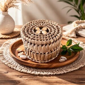 Cowrie Shell Coaster Set w Woven Raffia Box Vintage Boho Coastal